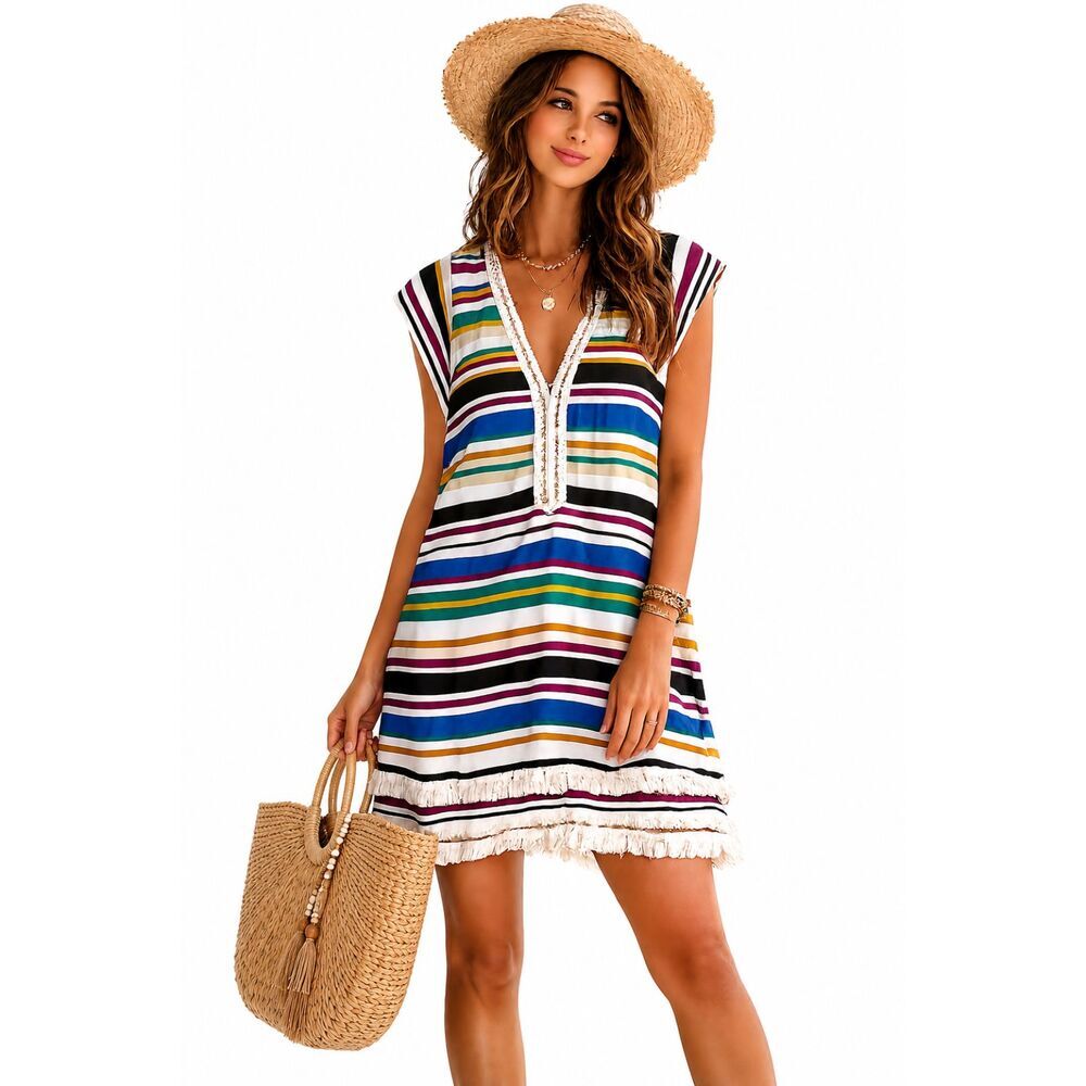 CLEARANCE! Bleu by Rod Beattie Striped Fringe Swim Dress Cover-Up Size M
